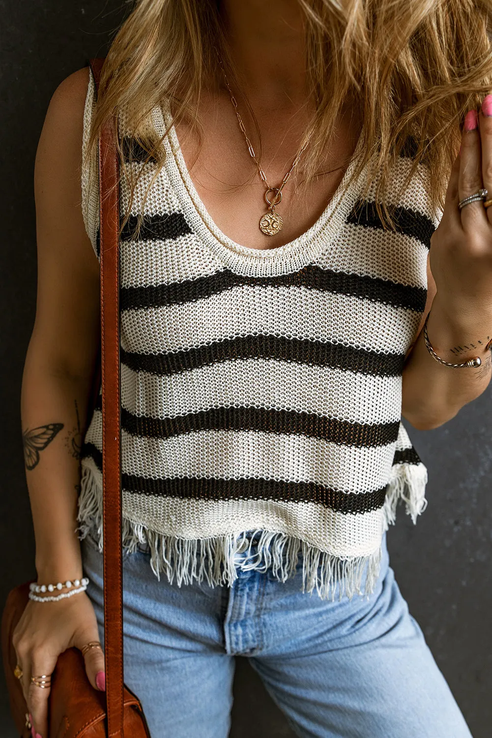Beige Stripe U Neck Fringed Hem Knit Vest