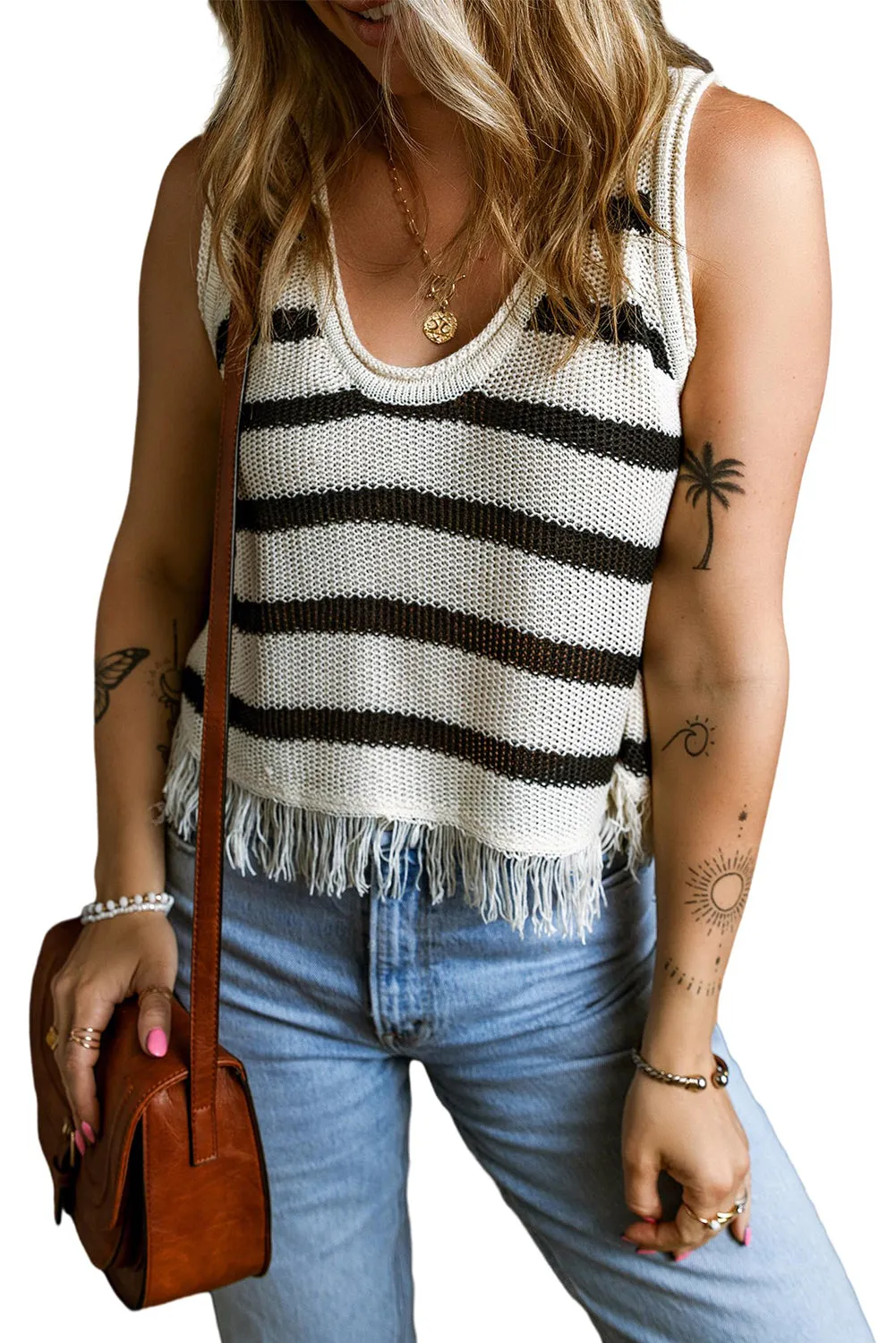 Beige Stripe U Neck Fringed Hem Knit Vest