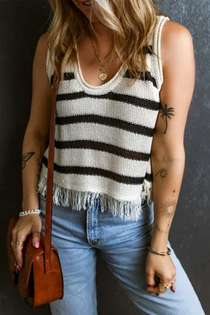 Beige Stripe U Neck Fringed Hem Knit Vest
