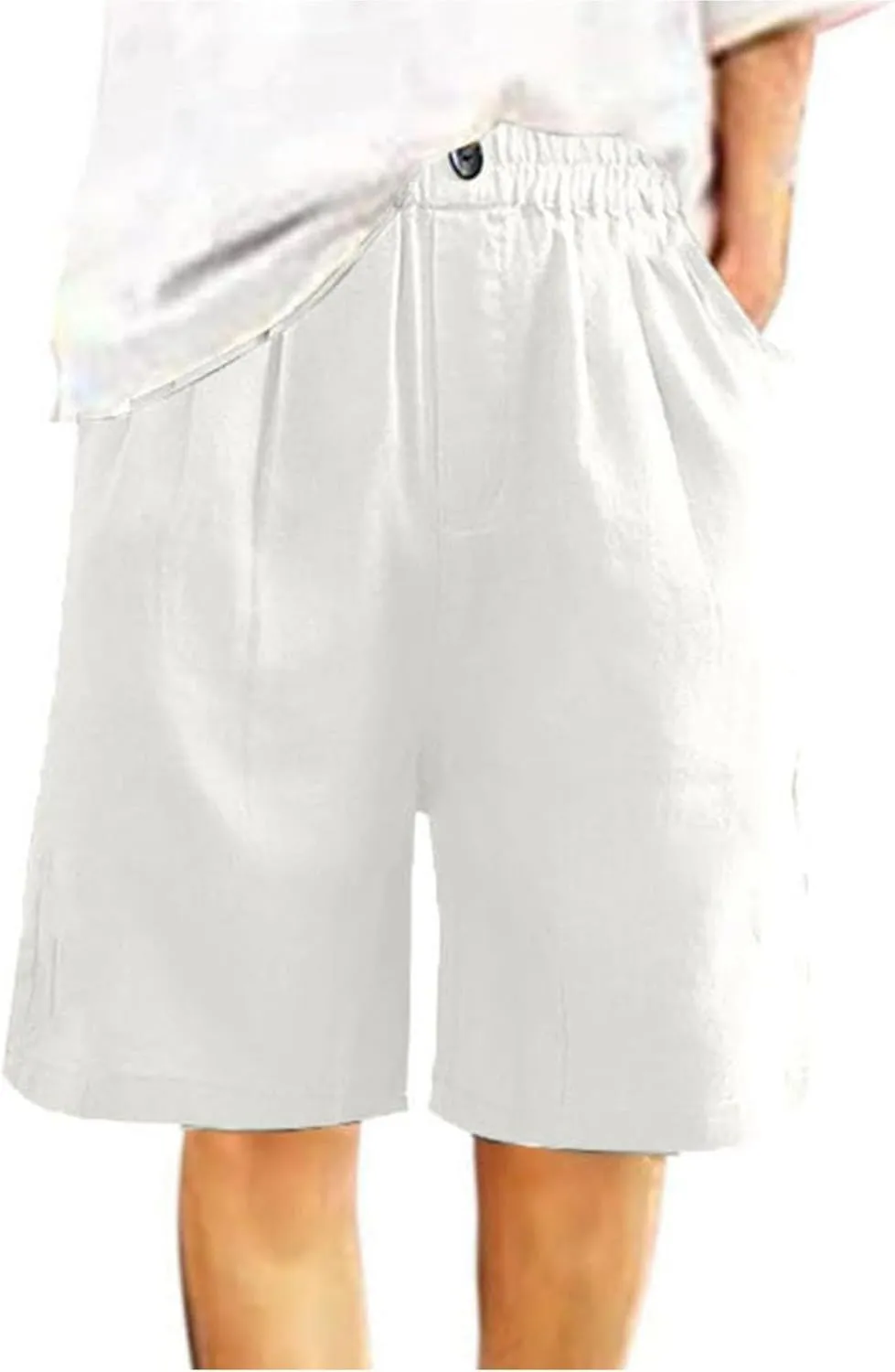 Bermuda Shorts for Women Summer Elastic Waist Long Beach Linen Shorts Comfy Wide Leg Trouser Short with Pockets