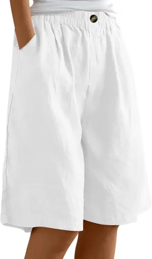 Bermuda Shorts for Women Summer Elastic Waist Long Beach Linen Shorts Comfy Wide Leg Trouser Short with Pockets
