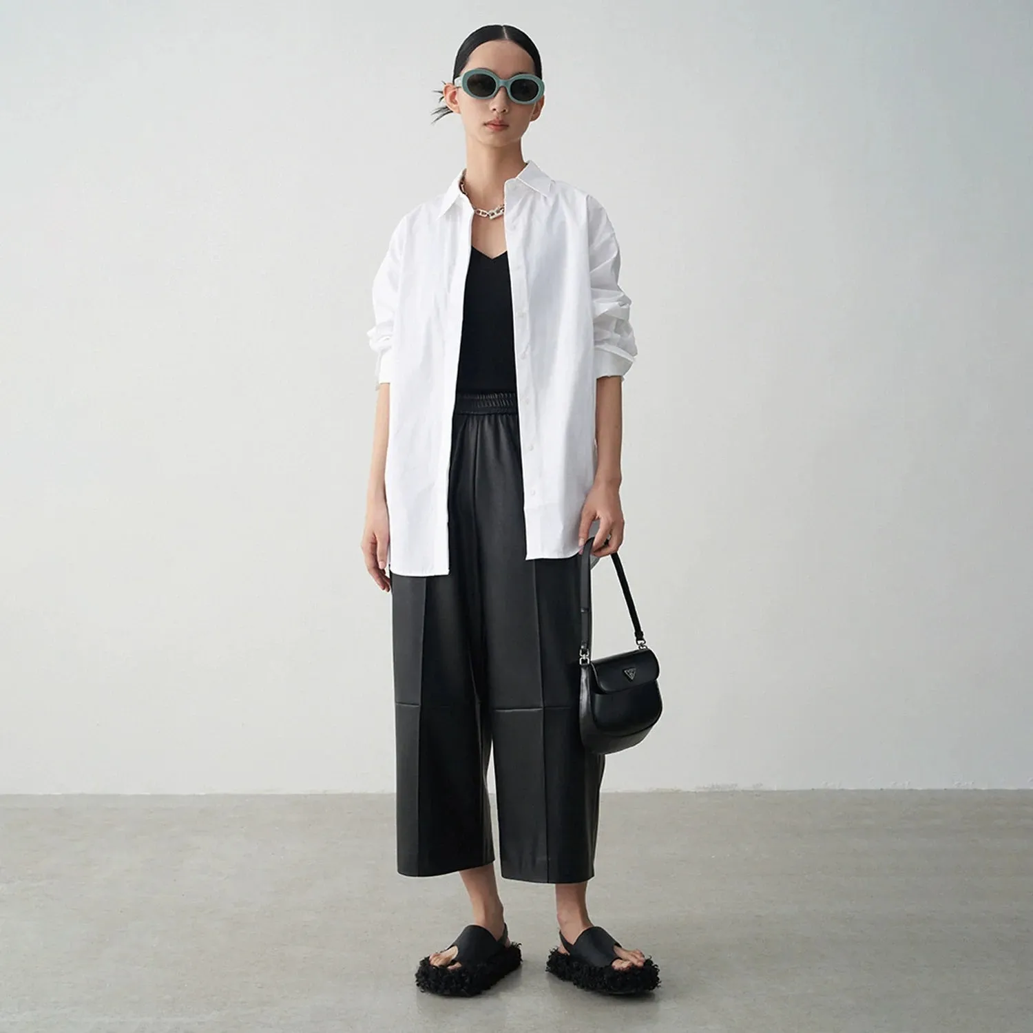Black Elastic High-Waisted Faux Leather Pants