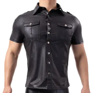 Black PU Sexy Fitness Tops Slim Style Men Shirt