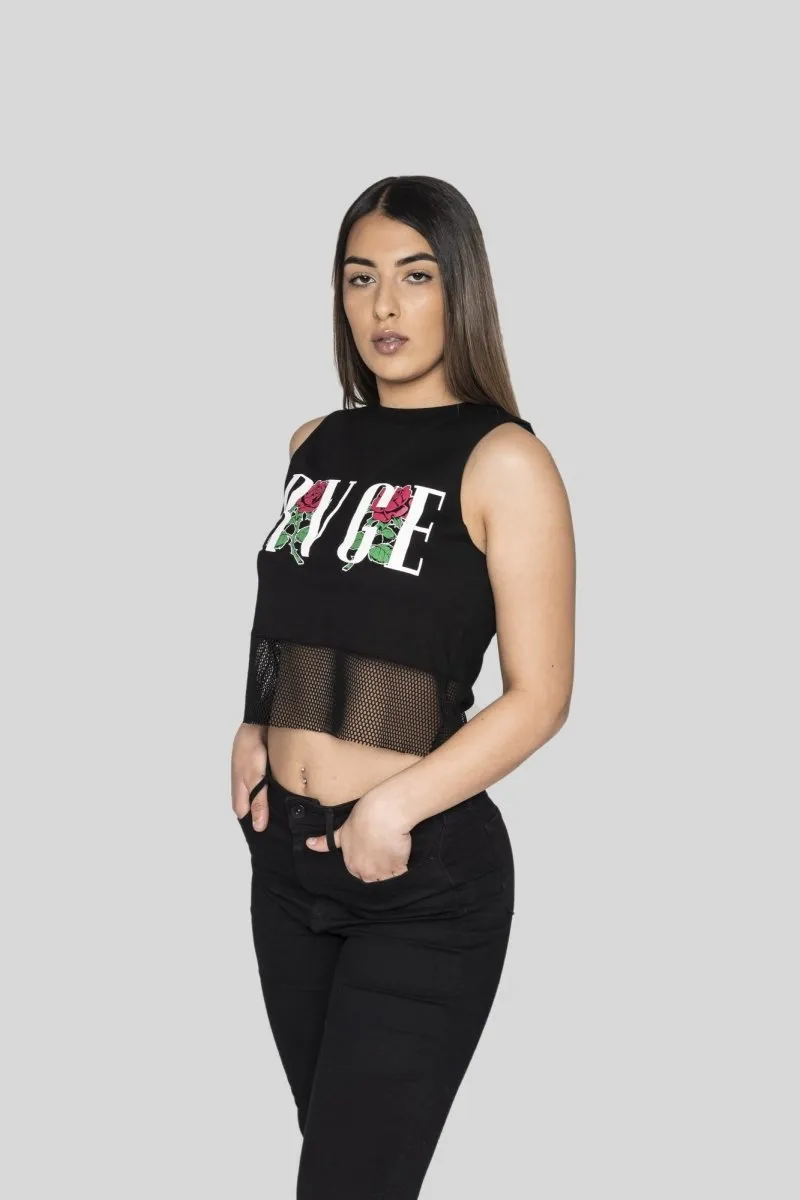 Black Shadows Crop Muscle Tank With Mesh Panel