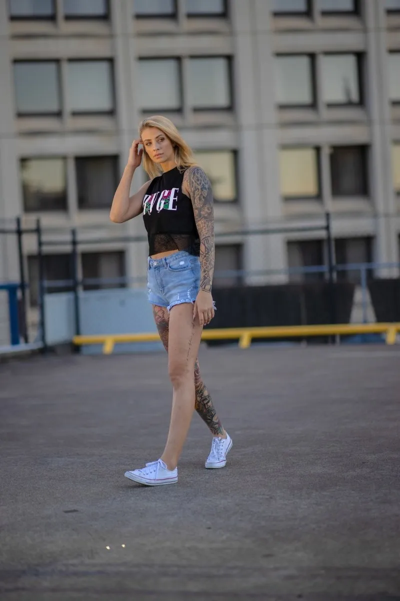 Black Shadows Crop Muscle Tank With Mesh Panel