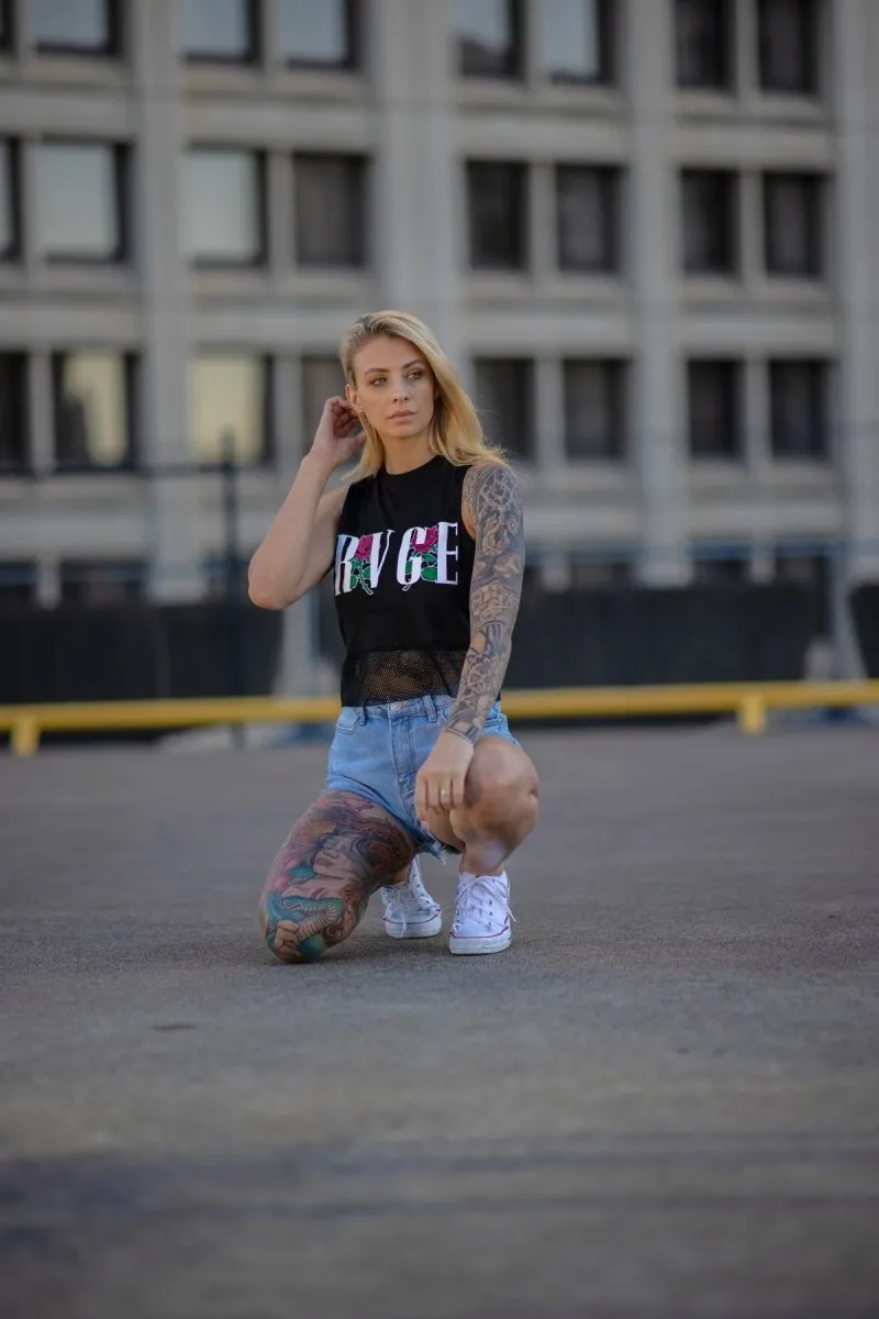 Black Shadows Crop Muscle Tank With Mesh Panel