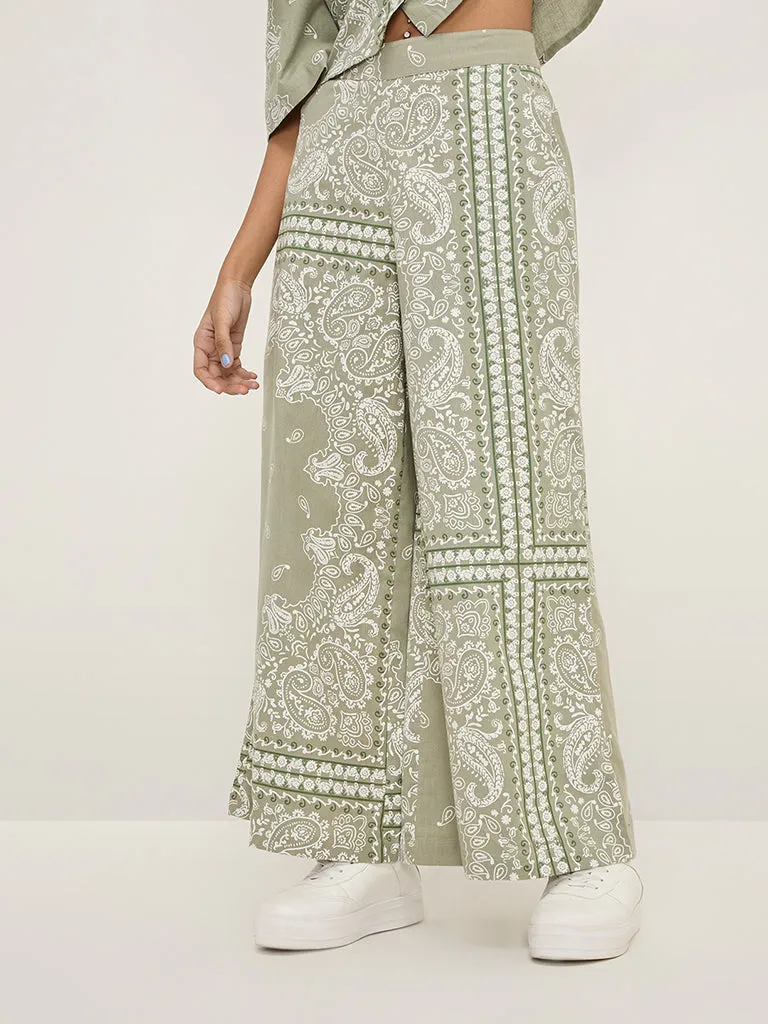Bombay Paisley Sage Paisley Printed High-Rise Wide Leg Cotton-Blend Pants