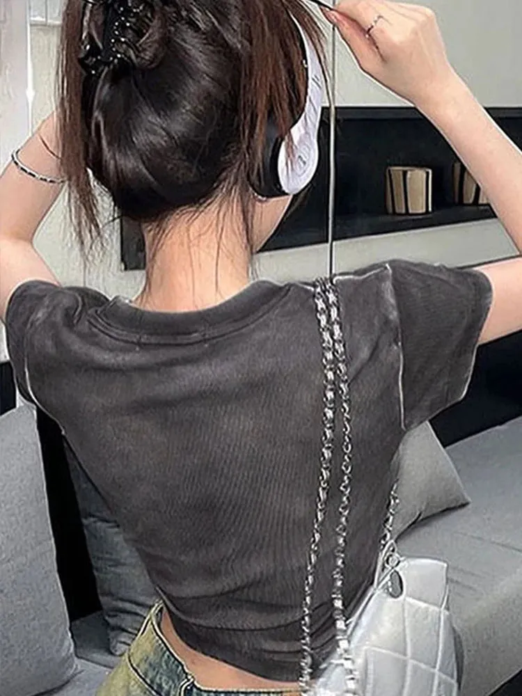 Bonnyshow Y2k Women T-shirt Summer New Streetwear Fashion O-Neck Print Short Sleeve Top Tees Personality Versatile Casual Slim Female Tees