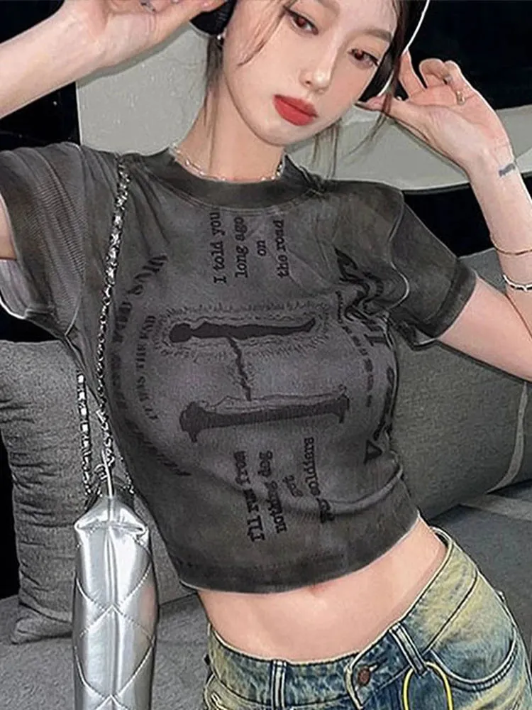 Bonnyshow Y2k Women T-shirt Summer New Streetwear Fashion O-Neck Print Short Sleeve Top Tees Personality Versatile Casual Slim Female Tees