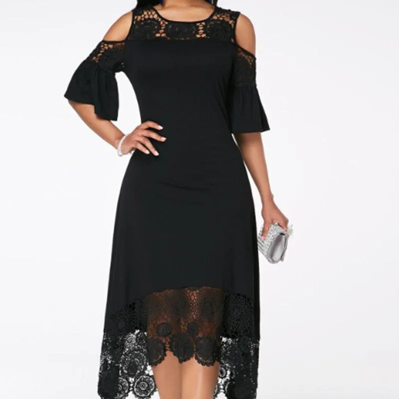 Butterfly Sleeve Mid-calf Dress Women Sexy Cold Shoulder Dress Lace Stitching Ladies Dresses Spring Female