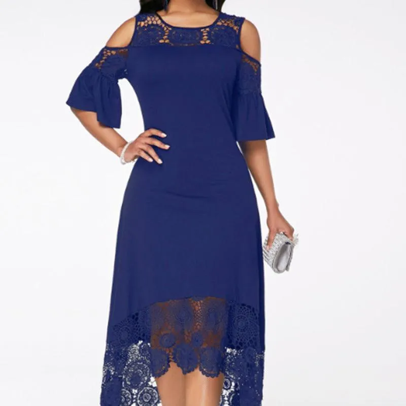 Butterfly Sleeve Mid-calf Dress Women Sexy Cold Shoulder Dress Lace Stitching Ladies Dresses Spring Female