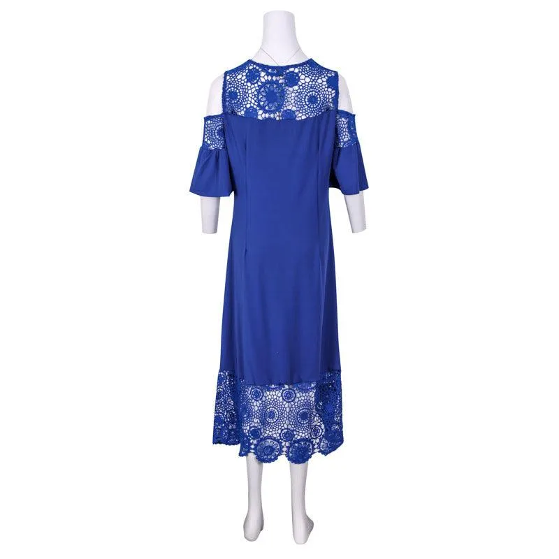 Butterfly Sleeve Mid-calf Dress Women Sexy Cold Shoulder Dress Lace Stitching Ladies Dresses Spring Female