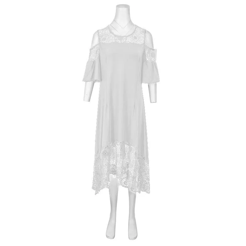Butterfly Sleeve Mid-calf Dress Women Sexy Cold Shoulder Dress Lace Stitching Ladies Dresses Spring Female