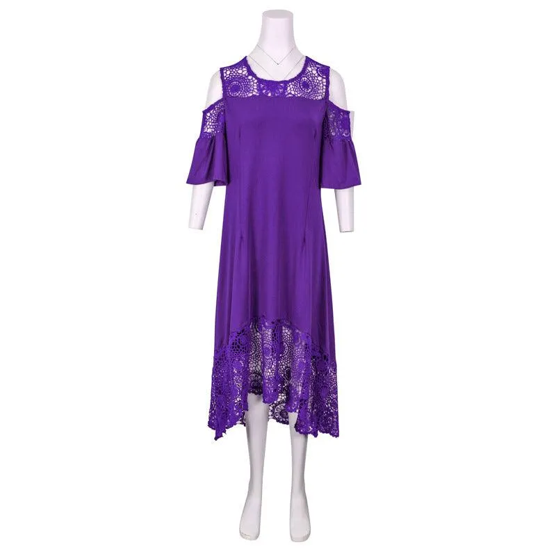 Butterfly Sleeve Mid-calf Dress Women Sexy Cold Shoulder Dress Lace Stitching Ladies Dresses Spring Female