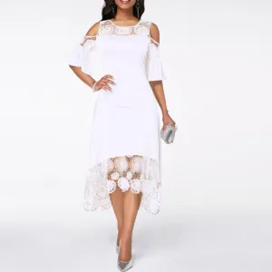 Butterfly Sleeve Mid-calf Dress Women Sexy Cold Shoulder Dress Lace Stitching Ladies Dresses Spring Female