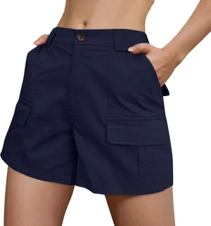 Cargo Shorts Women Casual Knee Length Long Bermuda Shorts with Pockets Button Elastic Waist Hiking Summer Outfits