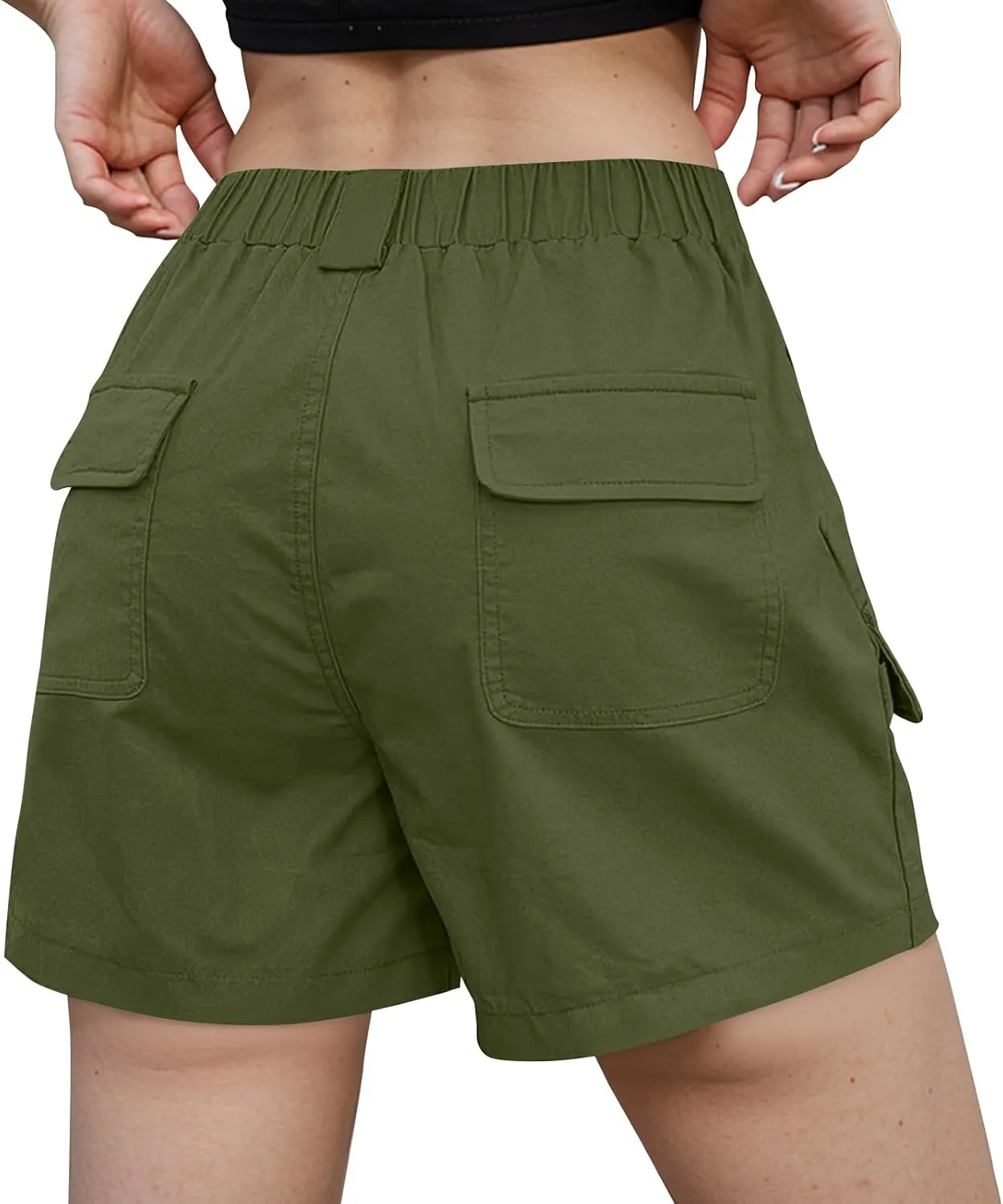 Cargo Shorts Women Casual Knee Length Long Bermuda Shorts with Pockets Button Elastic Waist Hiking Summer Outfits