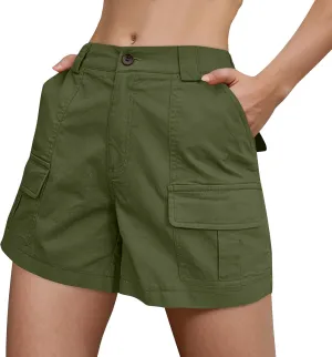 Cargo Shorts Women Casual Knee Length Long Bermuda Shorts with Pockets Button Elastic Waist Hiking Summer Outfits