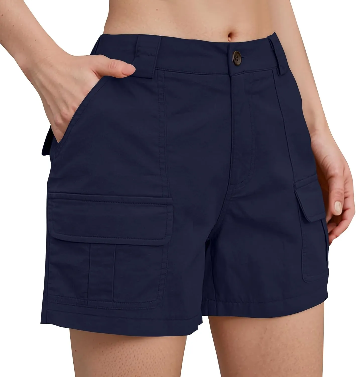 Cargo Shorts Women Casual Knee Length Long Bermuda Shorts with Pockets Button Elastic Waist Hiking Summer Outfits