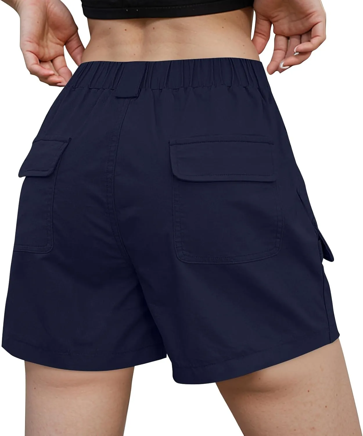 Cargo Shorts Women Casual Knee Length Long Bermuda Shorts with Pockets Button Elastic Waist Hiking Summer Outfits