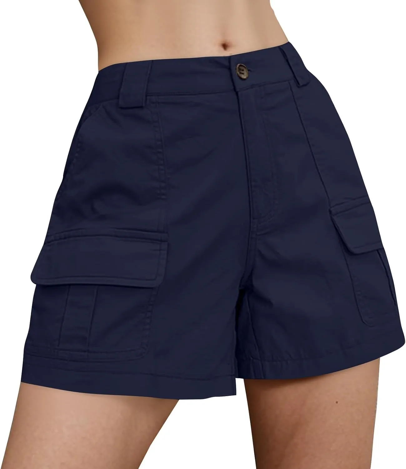 Cargo Shorts Women Casual Knee Length Long Bermuda Shorts with Pockets Button Elastic Waist Hiking Summer Outfits