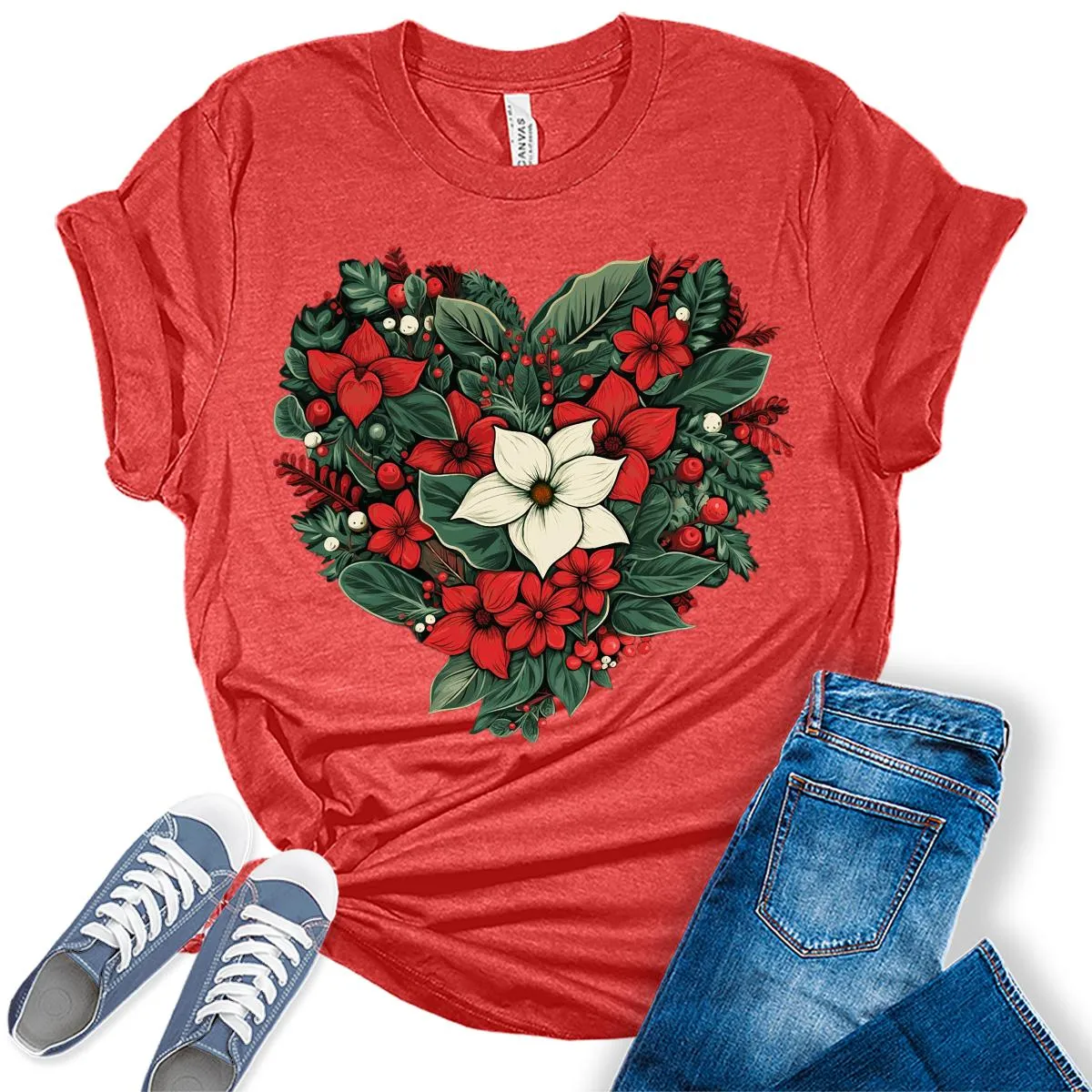 Christmas Shirts for Women Floral Heart Poinsettia Flower Graphic Tees