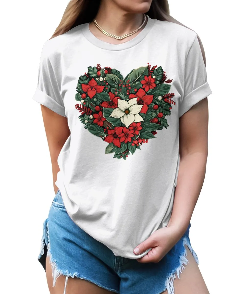 Christmas Shirts for Women Floral Heart Poinsettia Flower Graphic Tees