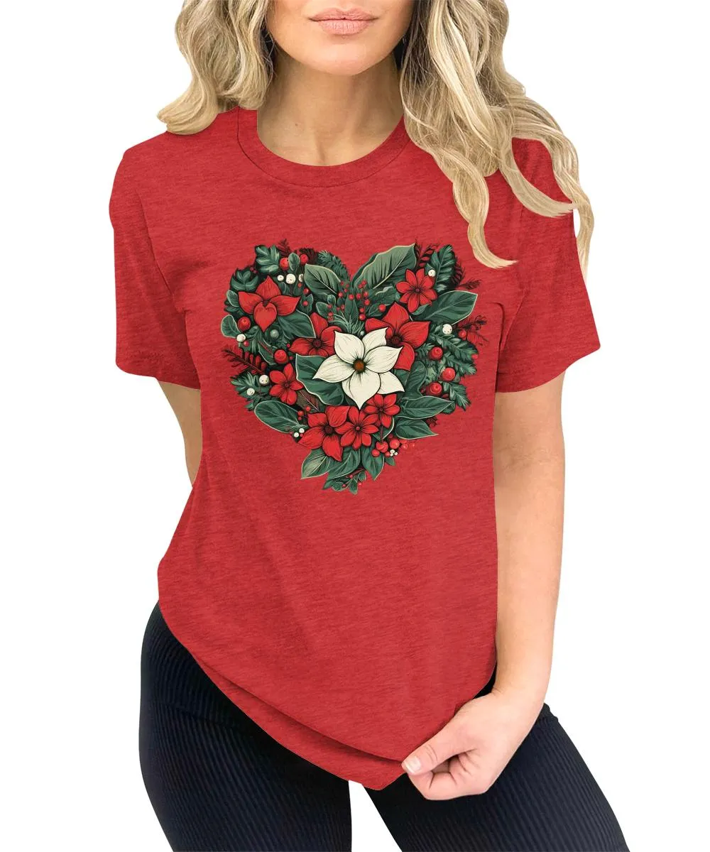 Christmas Shirts for Women Floral Heart Poinsettia Flower Graphic Tees