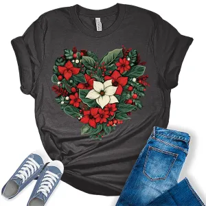 Christmas Shirts for Women Floral Heart Poinsettia Flower Graphic Tees