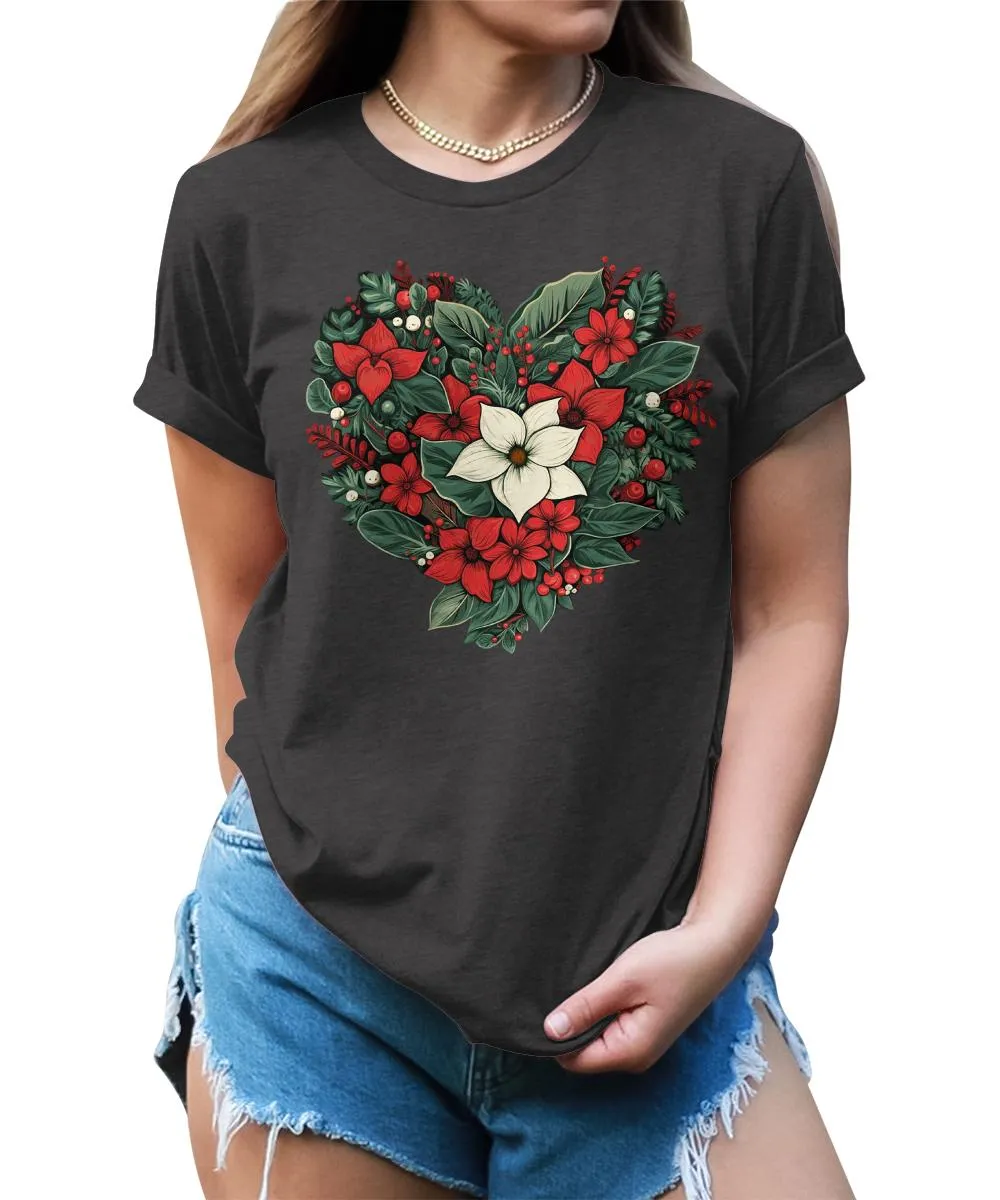 Christmas Shirts for Women Floral Heart Poinsettia Flower Graphic Tees