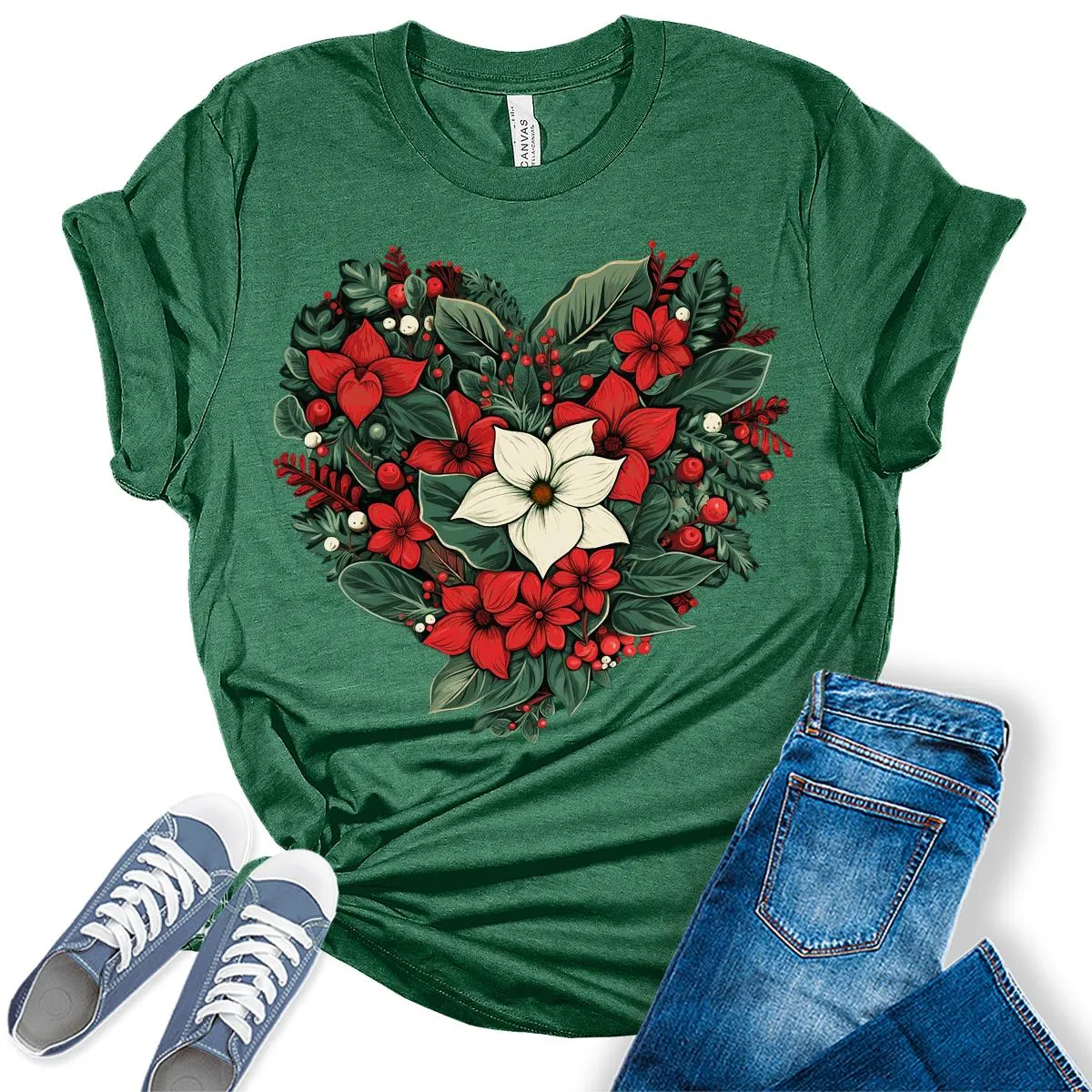 Christmas Shirts for Women Floral Heart Poinsettia Flower Graphic Tees