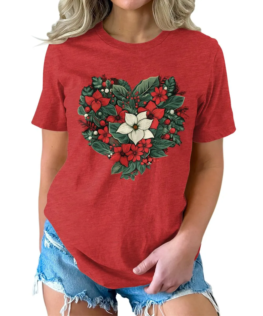 Christmas Shirts for Women Floral Heart Poinsettia Flower Graphic Tees