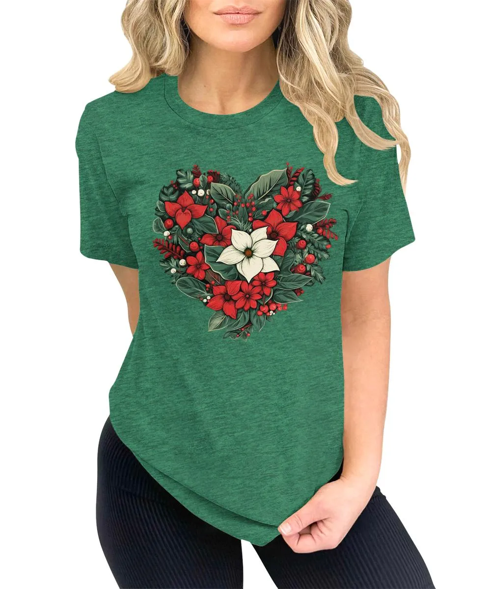 Christmas Shirts for Women Floral Heart Poinsettia Flower Graphic Tees