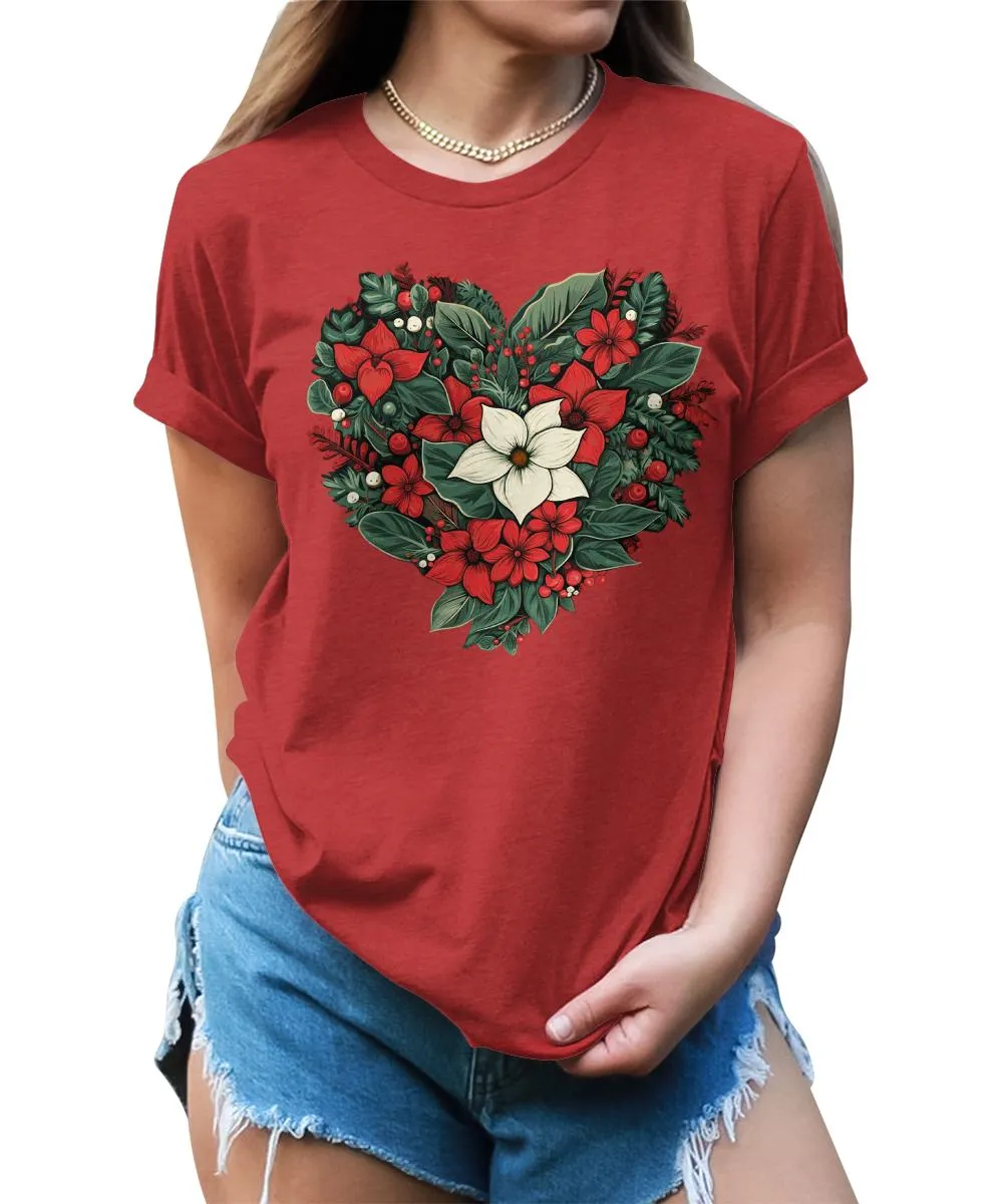 Christmas Shirts for Women Floral Heart Poinsettia Flower Graphic Tees