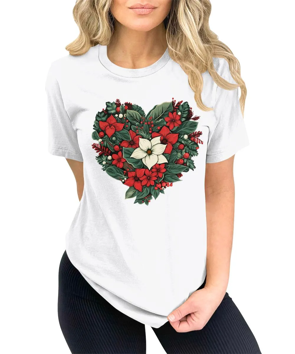 Christmas Shirts for Women Floral Heart Poinsettia Flower Graphic Tees