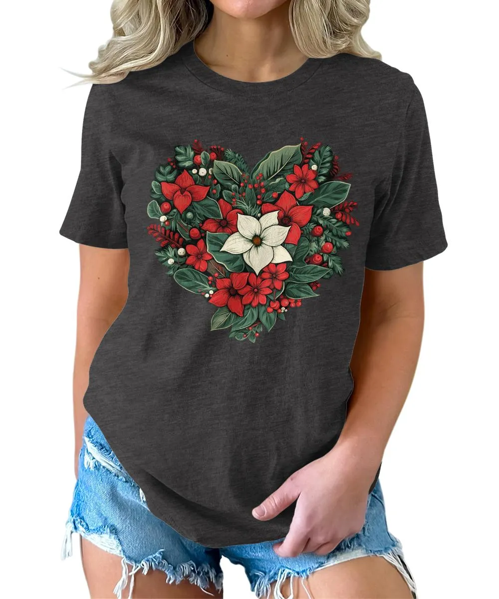 Christmas Shirts for Women Floral Heart Poinsettia Flower Graphic Tees