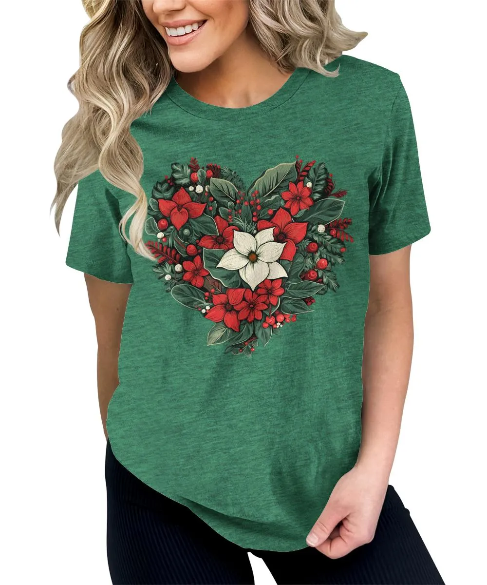 Christmas Shirts for Women Floral Heart Poinsettia Flower Graphic Tees
