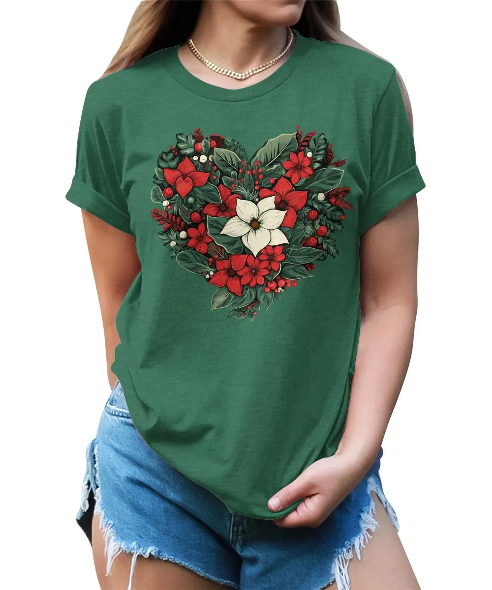 Christmas Shirts for Women Floral Heart Poinsettia Flower Graphic Tees