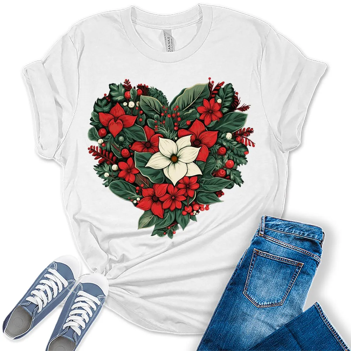 Christmas Shirts for Women Floral Heart Poinsettia Flower Graphic Tees