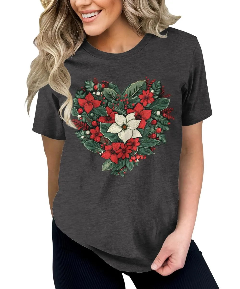 Christmas Shirts for Women Floral Heart Poinsettia Flower Graphic Tees