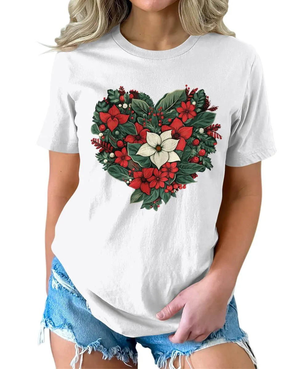 Christmas Shirts for Women Floral Heart Poinsettia Flower Graphic Tees
