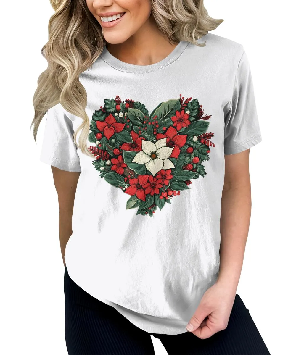Christmas Shirts for Women Floral Heart Poinsettia Flower Graphic Tees