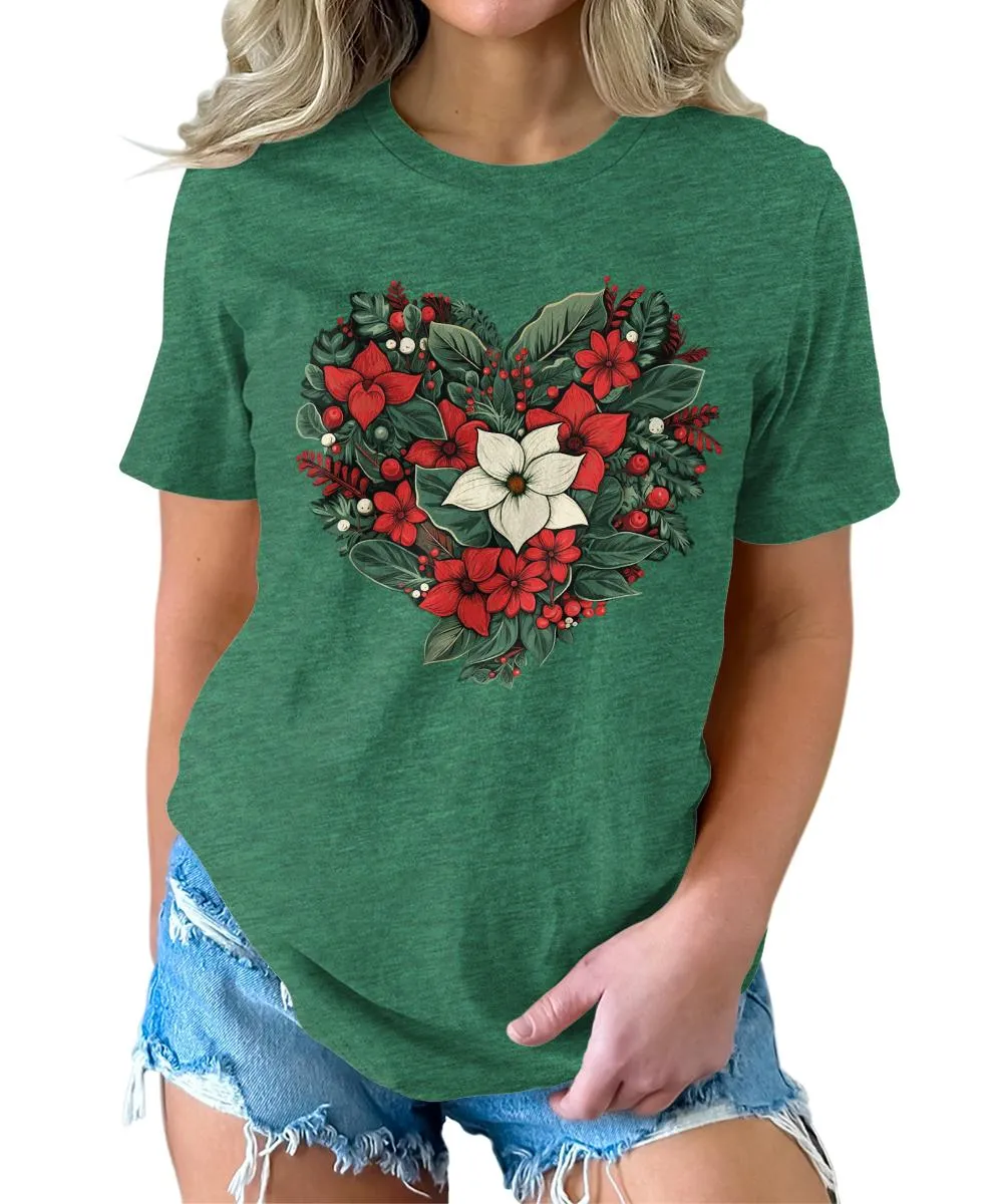 Christmas Shirts for Women Floral Heart Poinsettia Flower Graphic Tees