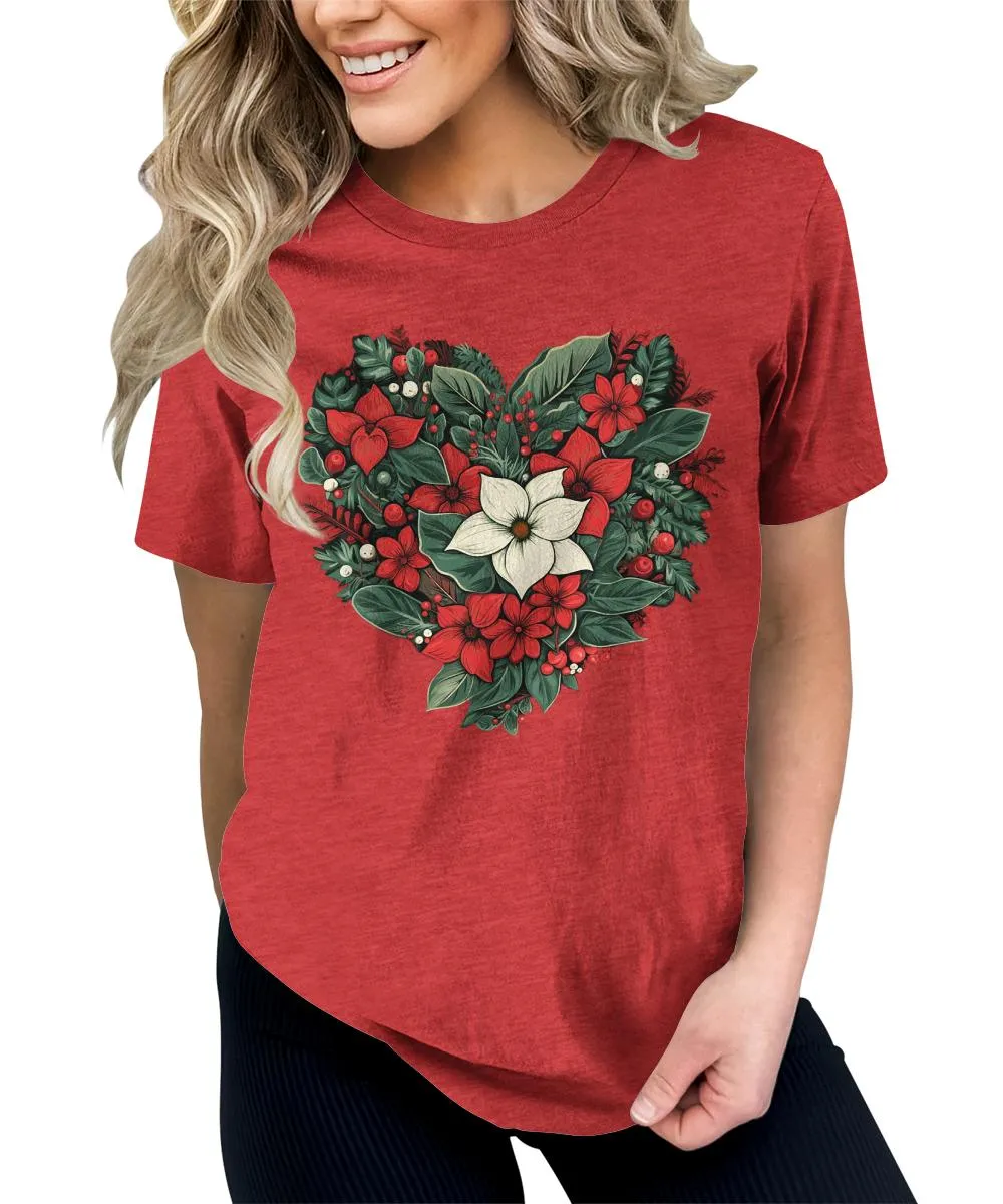Christmas Shirts for Women Floral Heart Poinsettia Flower Graphic Tees