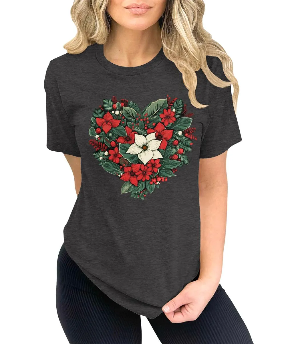 Christmas Shirts for Women Floral Heart Poinsettia Flower Graphic Tees