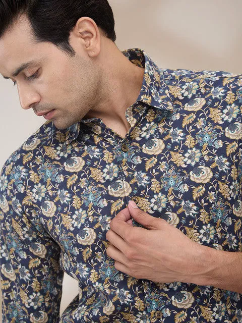 Colorplus Men Blue Printed Regular Fit Tencel Printed Casual Shirt