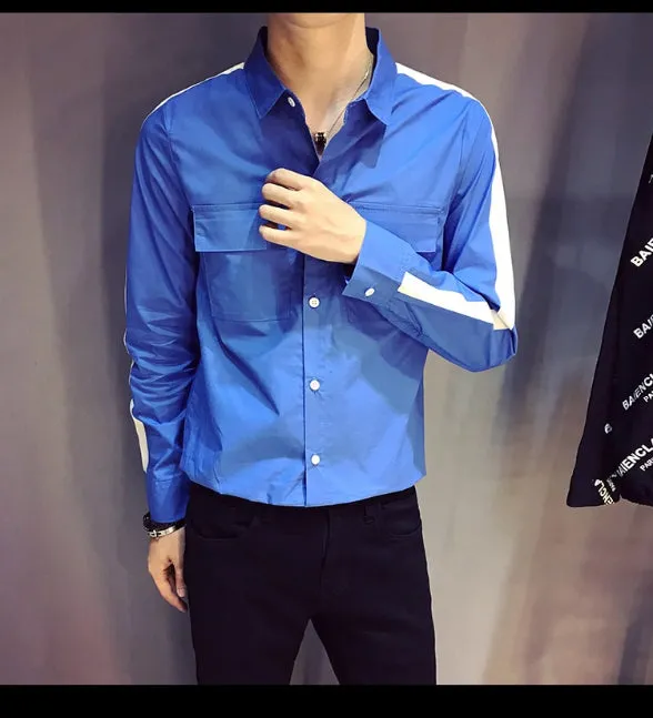 Cotton Double Pocket Stripe Sleeves Men Slim Shirt