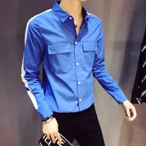 Cotton Double Pocket Stripe Sleeves Men Slim Shirt