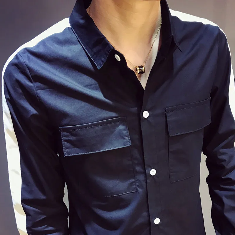 Cotton Double Pocket Stripe Sleeves Men Slim Shirt