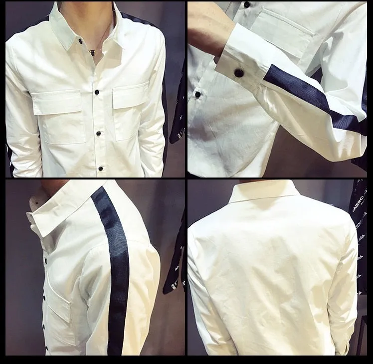 Cotton Double Pocket Stripe Sleeves Men Slim Shirt